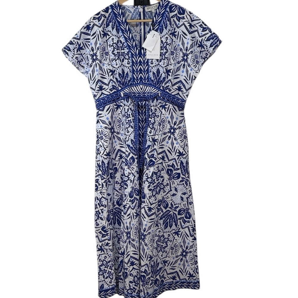 HALE BOB Galilea Poplin Blue & White Floral V-Neck Midi Dress Size Large NWT - Picture 2 of 11